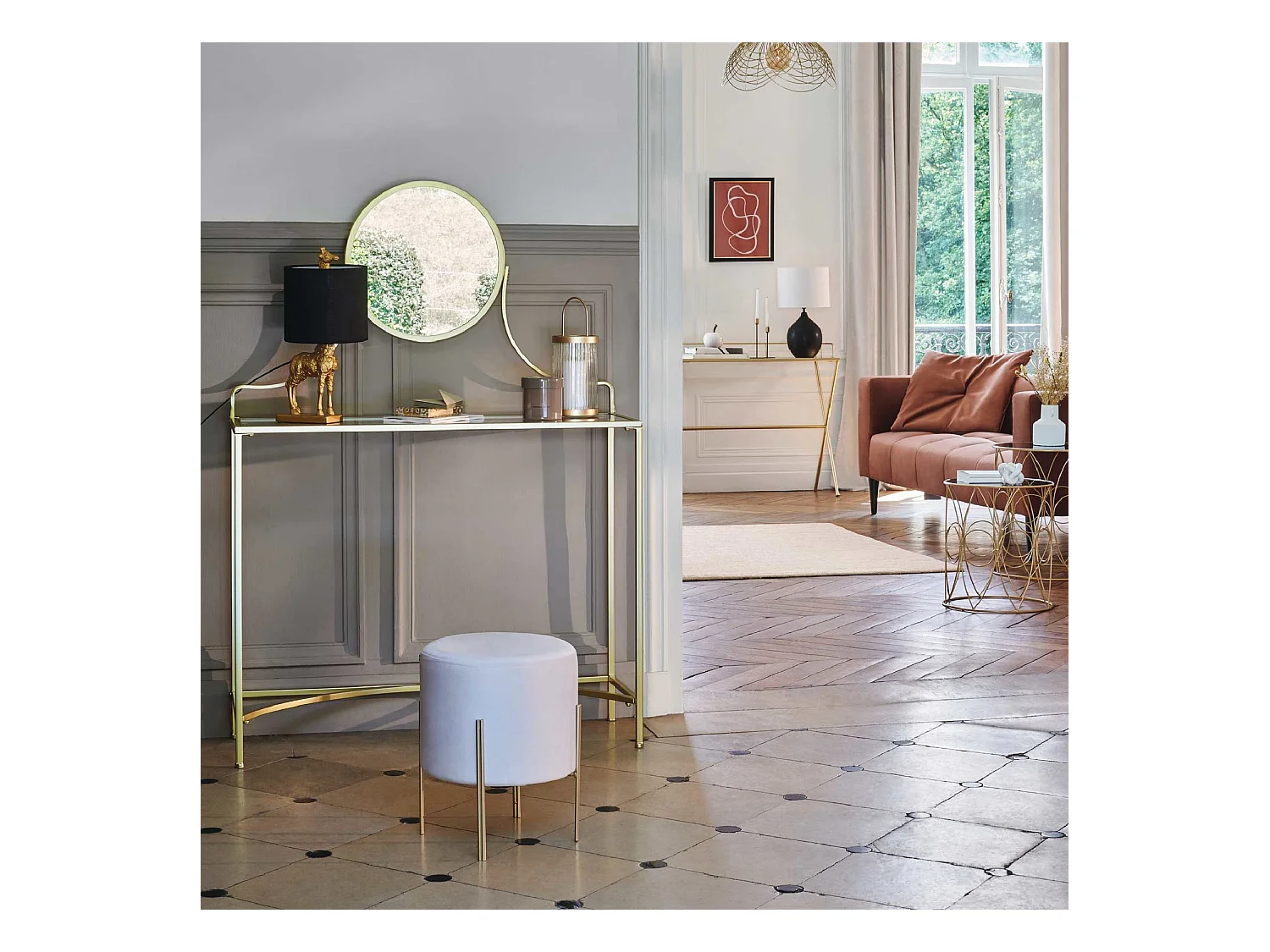 Runder Pouf aus Metall und Samt Ø 34 x H. 40 cm