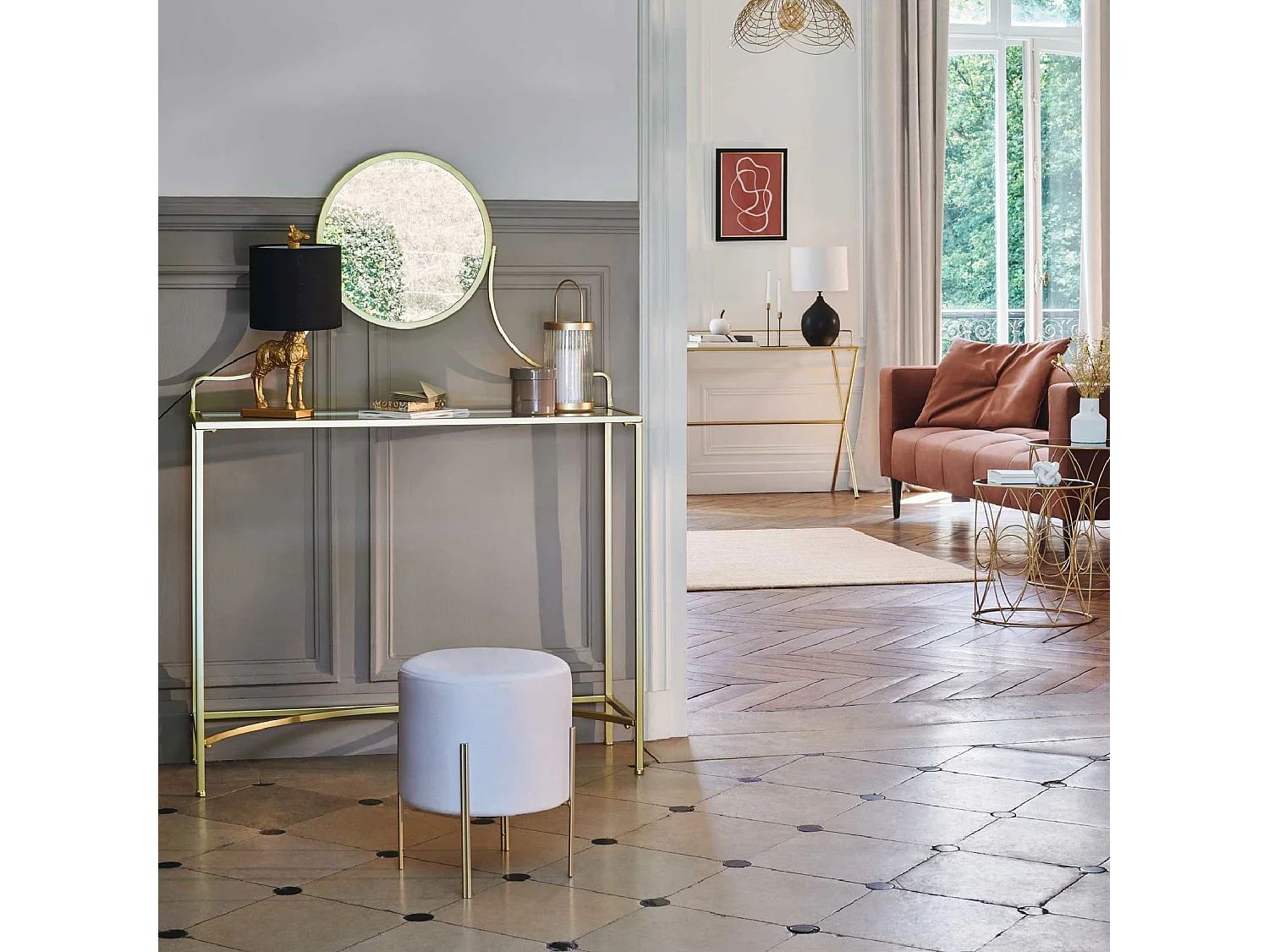 Tabouret Velours Blanc ivoire et pied en métal H 40 cm