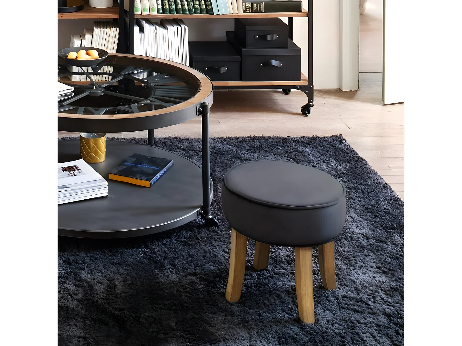 Tabouret Velours Gris foncé et Pieds en Bois naturel  35 x 35 cm