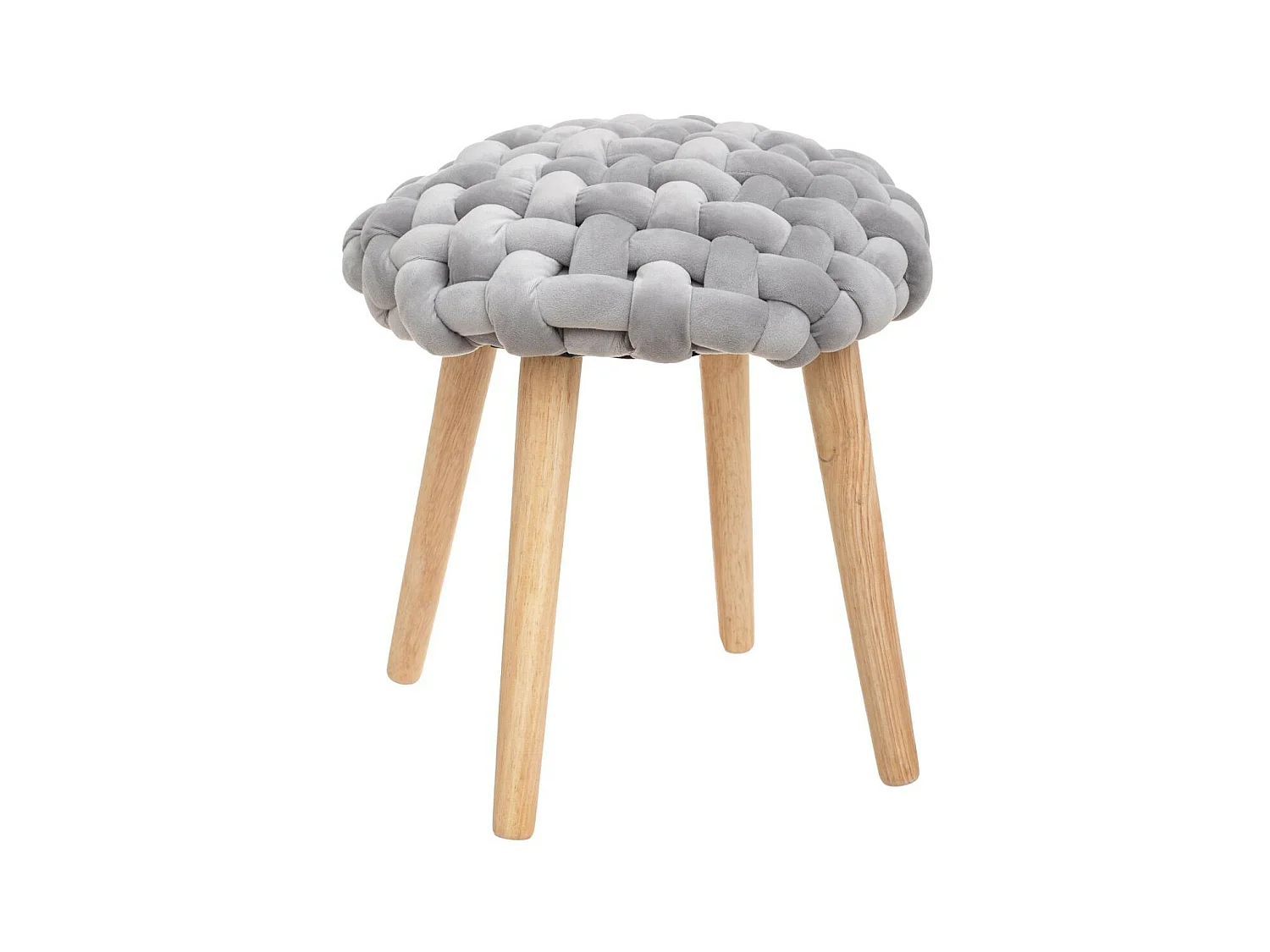 Tabouret pied en Bois et Assise Tricot Velours Gris