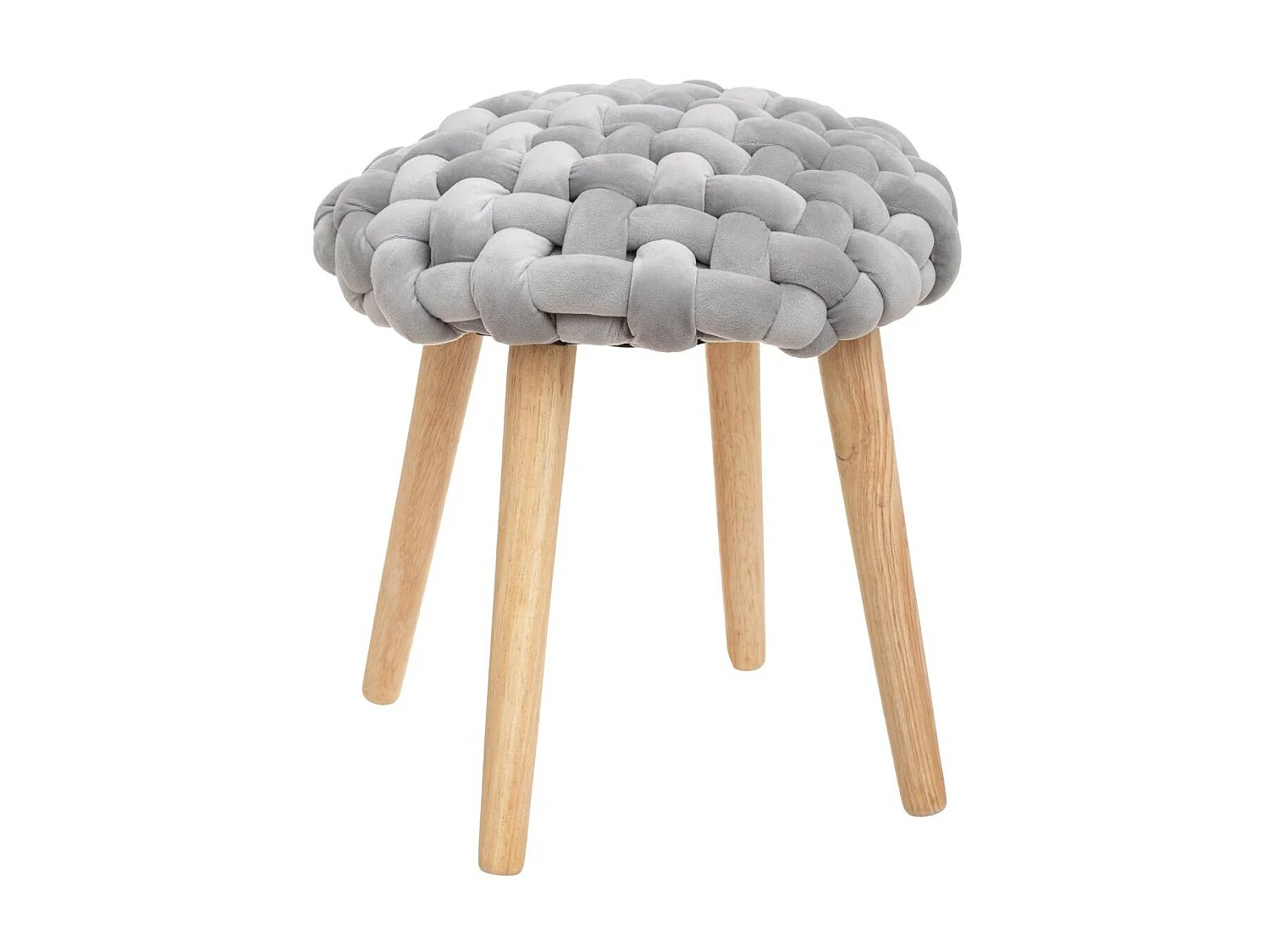 Tabouret pied en Bois et Assise Tricot Velours Gris