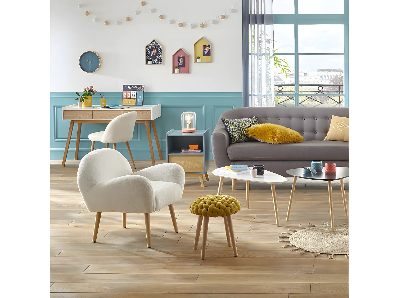 Tabouret pied en Bois et Assise Tricot Velours Gris