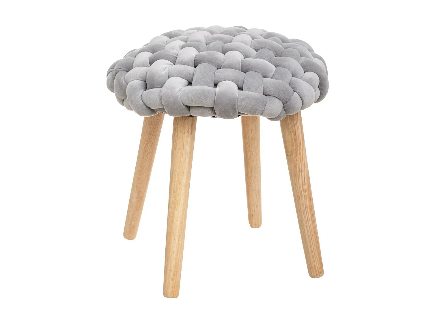 Tabouret pied en Bois et Assise Tricot Velours Gris