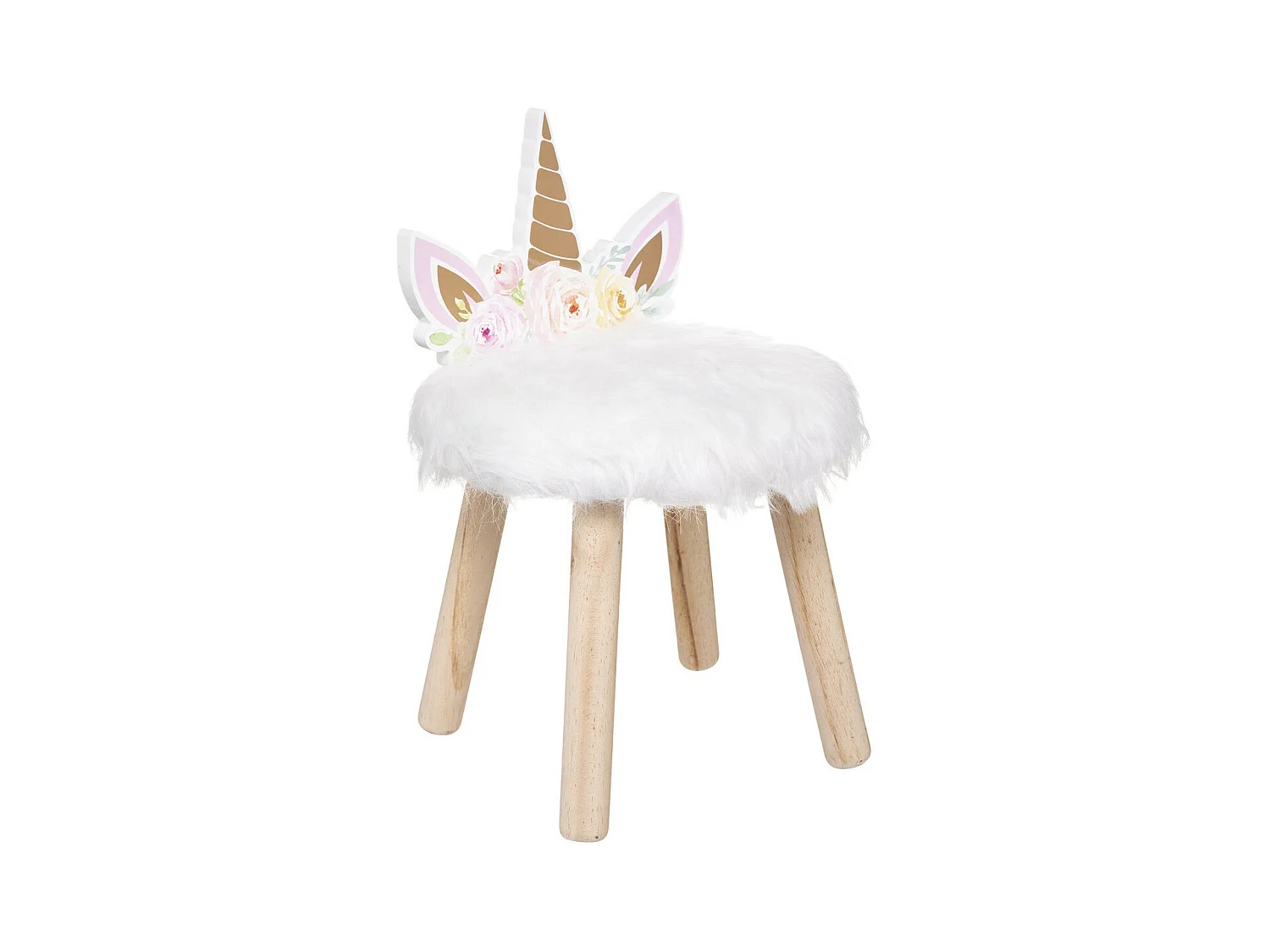 Tabouret pour Enfant Licorne en bois et fourrure blanche H 40 cm