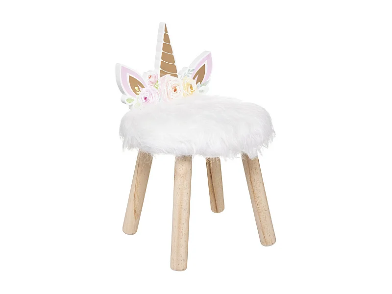 Tabouret pour Enfant Licorne en bois et fourrure blanche H 40 cm