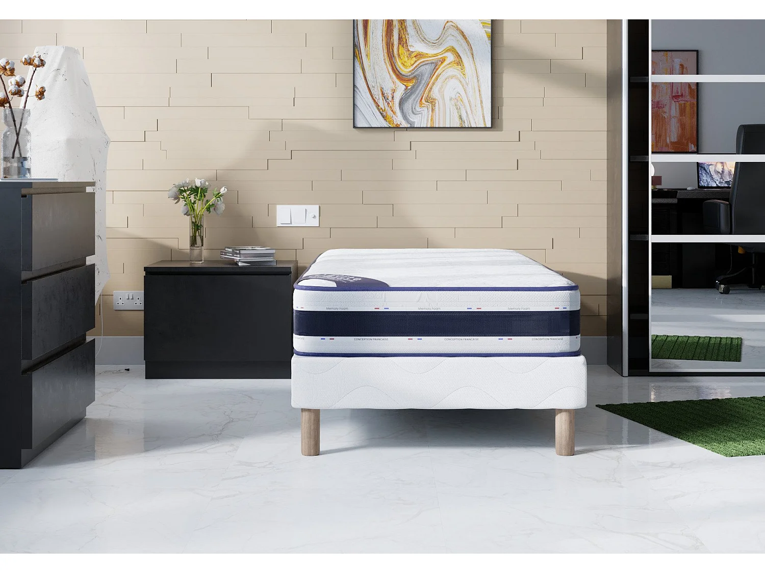 Matelas Blue Memory 100x200 cm Hauteur 22 cm Mousse à Mémoire de Forme Haute Densité Technologie 3D Soutien équilibré