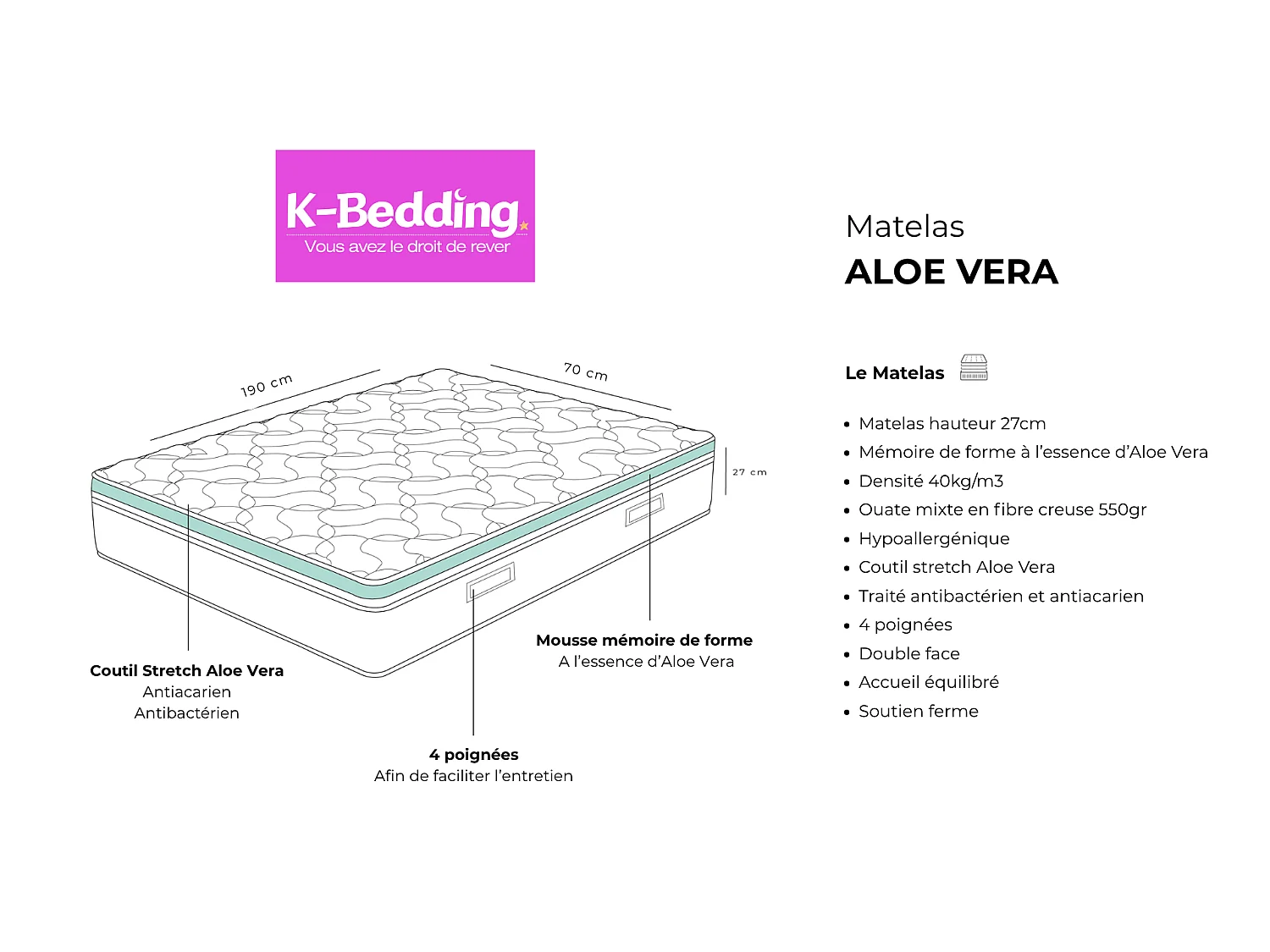 Matelas Aloe Vera 70x190 cm Hauteur 27 cm Mousse à Mémoire de Forme Infusée Aloe Vera Double Face Soutien mi-ferme