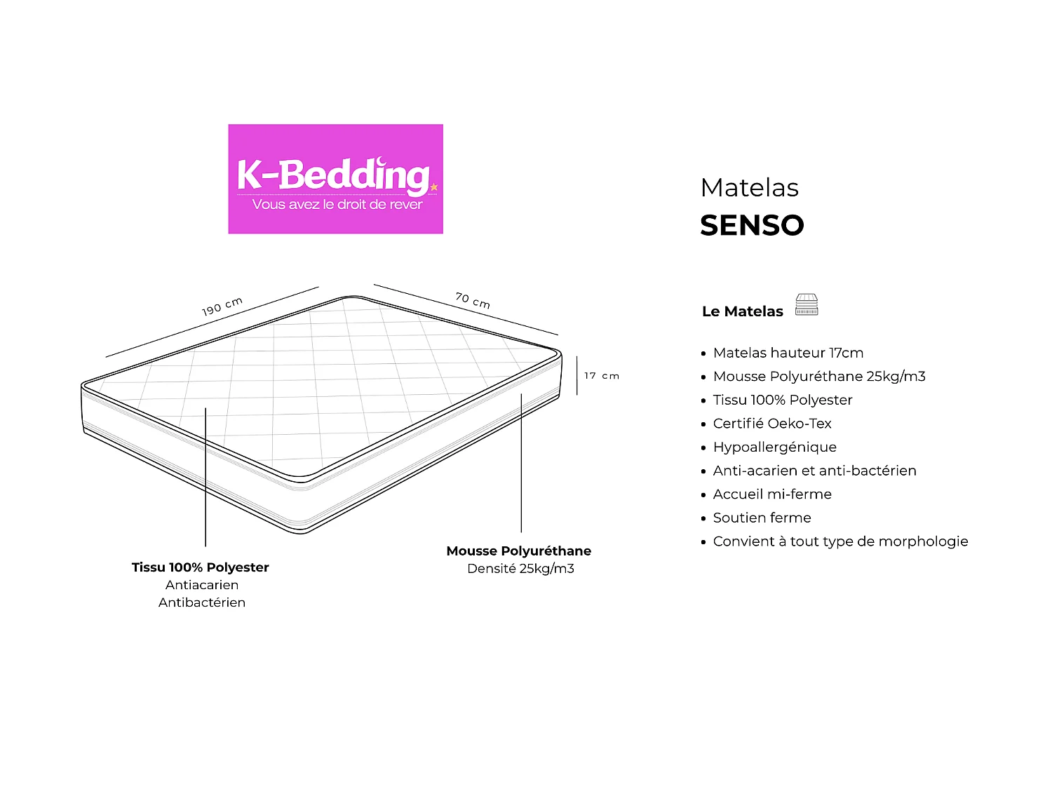 Matelas Senso 70x190 cm Hauteur 17 cm Mousse Polyuréthane Tissu Polyester Hypoallergénique Soutien Ferme