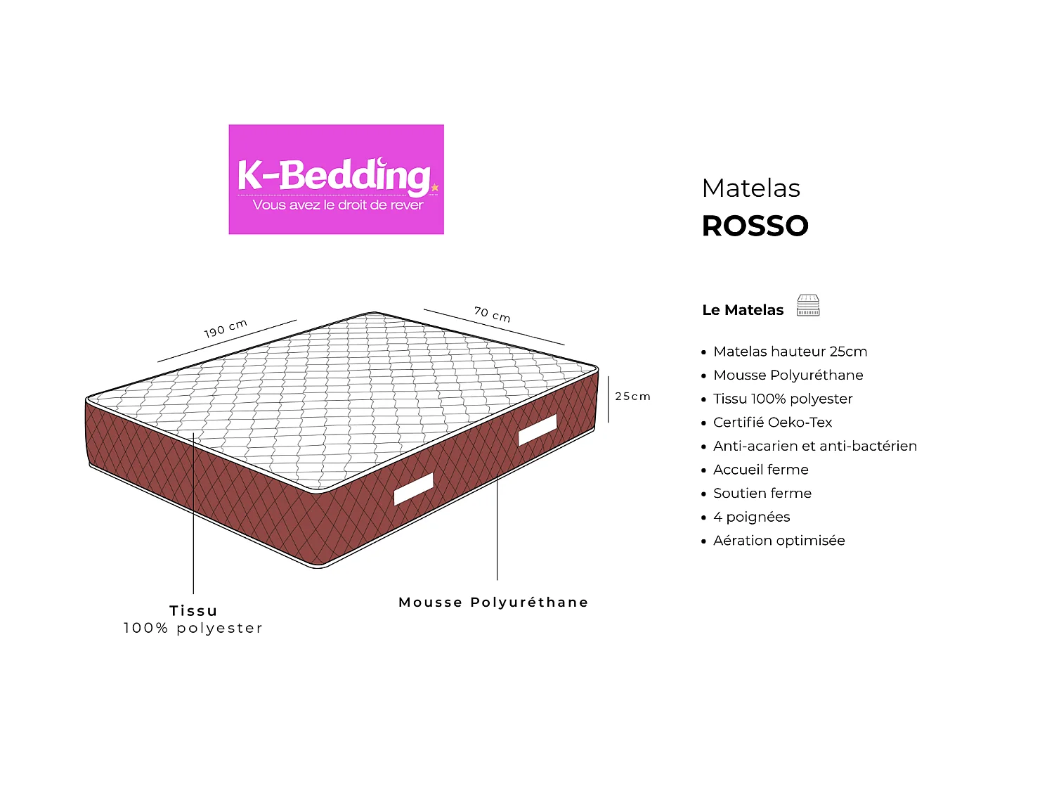Matelas Rosso 70x190 cm Hauteur 25 cm Mousse Polyuréthane Technologie 3D Soutien ferme