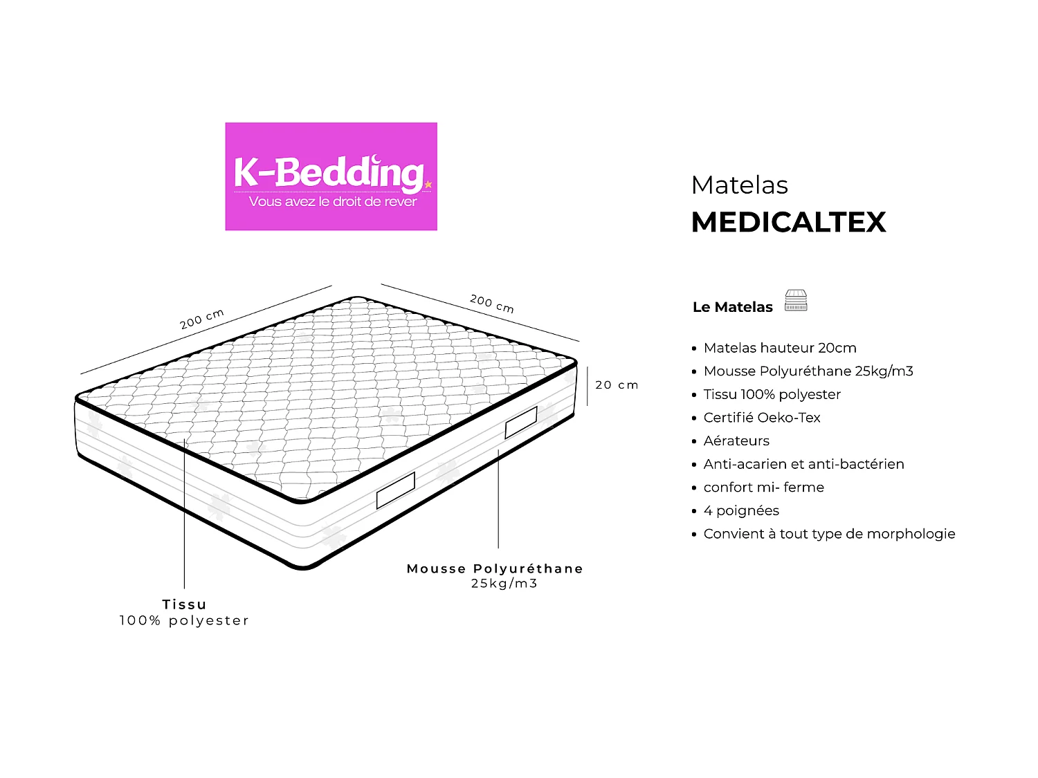 Matelas Medicaltex 200x200 cm Hauteur 22 cm Mousse Polyuréthane Anti-acarien Anti-bactérien Soutien ferme