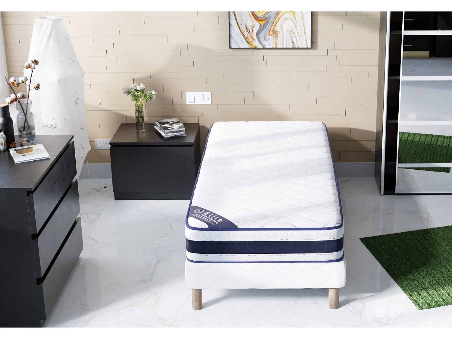 Matelas Blue Memory 100x190 cm Hauteur 22 cm Mousse à Mémoire de Forme Haute Densité Technologie 3DSoutien équilibré