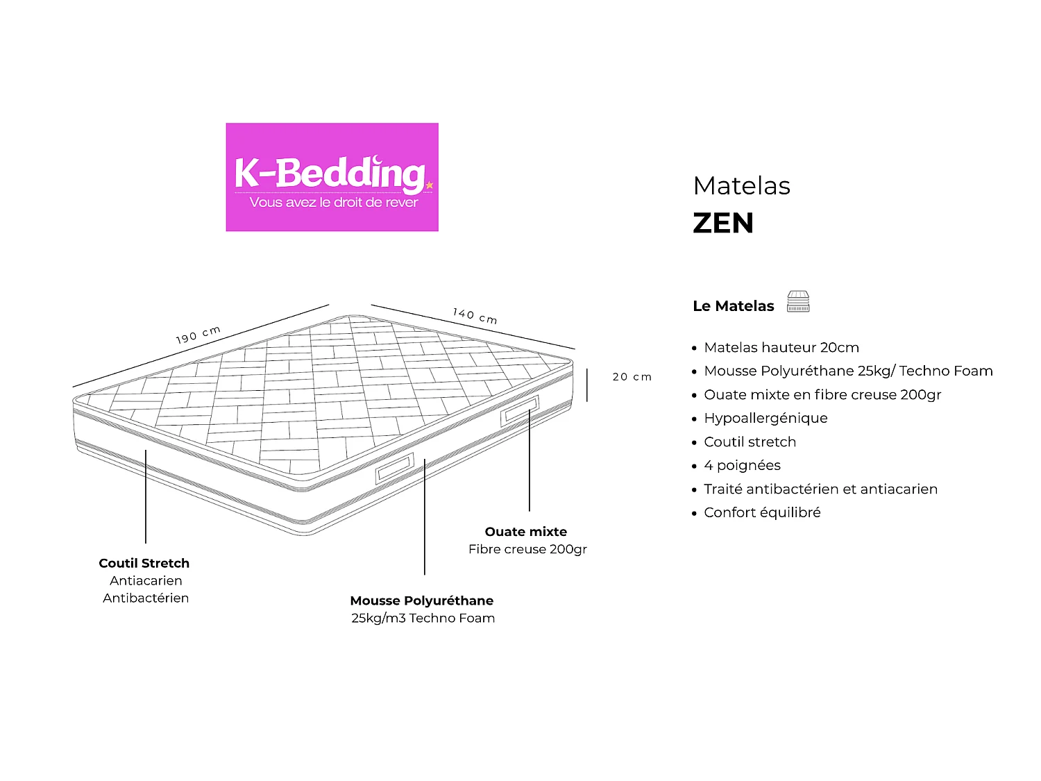 Matelas Zen 140x190 cm Hauteur 20 cm Mousse Polyuréthane Techno Foam Coutil Stretch Hypoallergénique Soutien équilibré