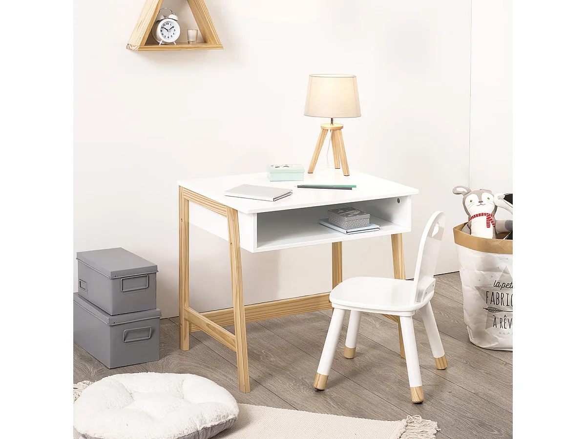 Mesa infantil de melamina branca, pernas de madeira, 1 furo, 58 cm