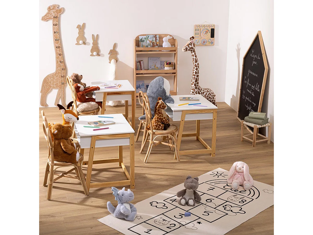 Mesa infantil de melamina branca, pernas de madeira, 1 furo, 58 cm