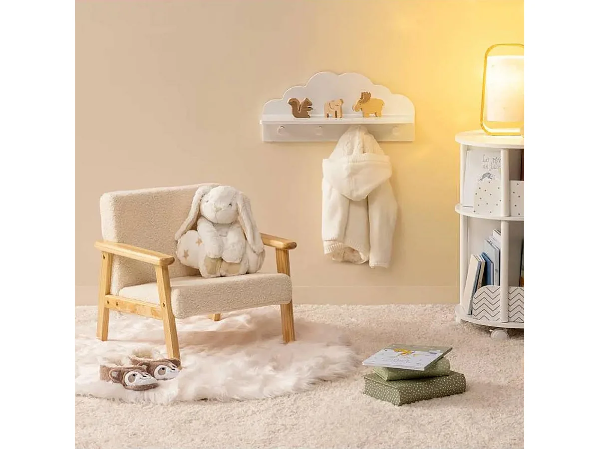 Fauteuil pour Enfant en Bois et Tissu bouclette écru H 46 cm