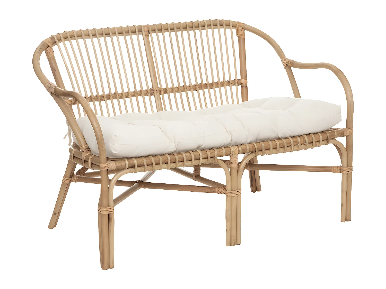 Banquette 2 places en Rotin et Coton Blanc  L 110 x  H 77 cm