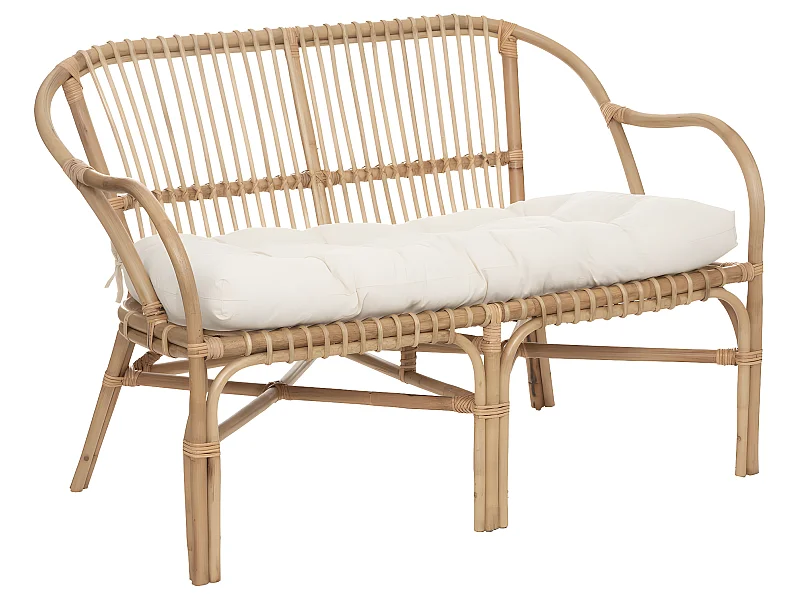 Banquette 2 places en Rotin et Coton Blanc  L 110 x  H 77 cm