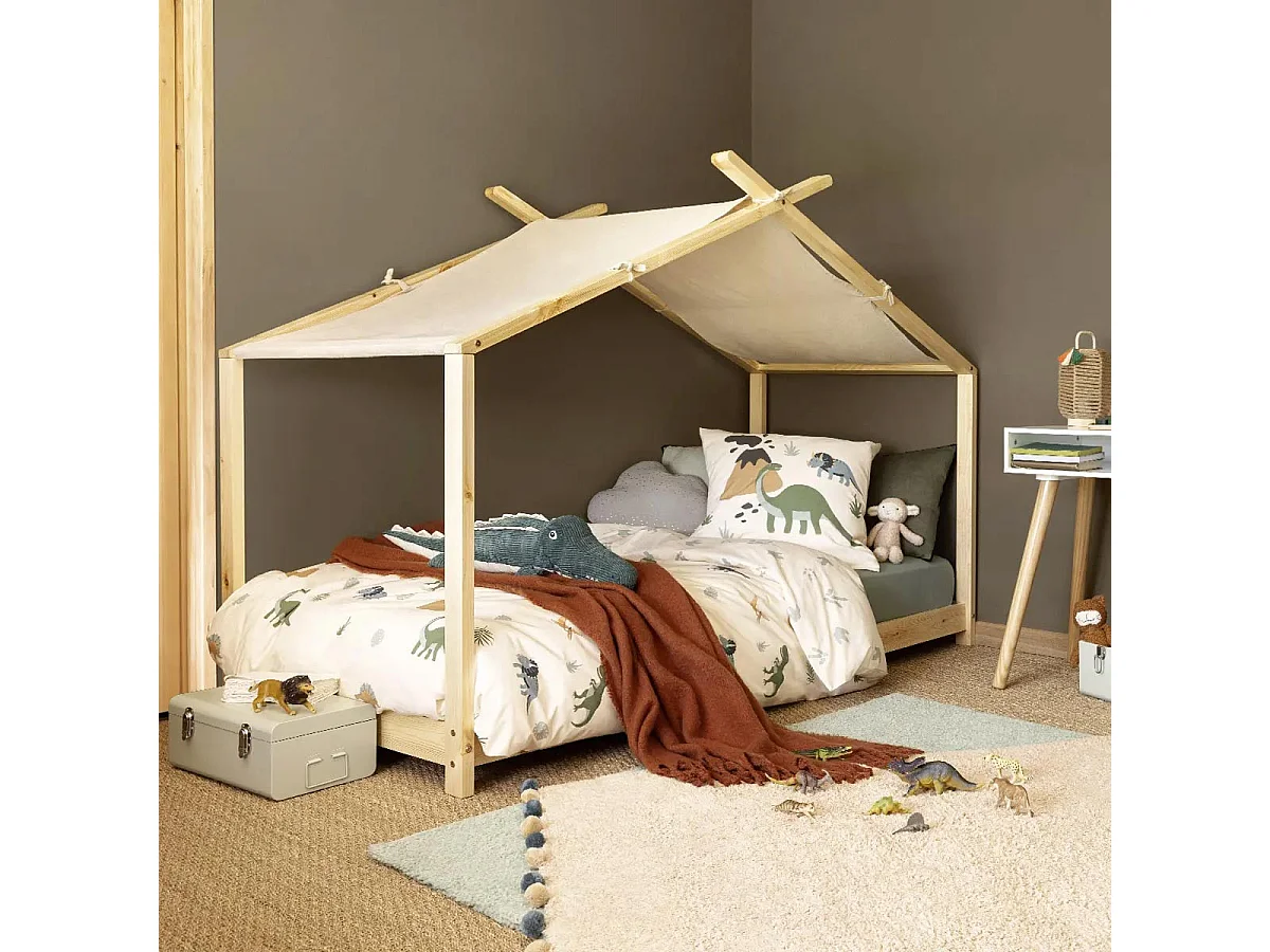 Lit Cabane Lit Tente en Bois de Pin 90 x 190 cm Sommier à Lattes
