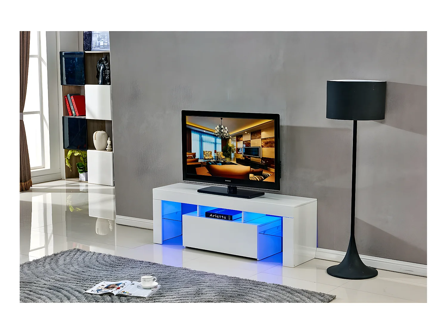 TV-meubel LED "Borda" wit hoogglans met LED-verlichting in 16 kleuren en opberglade