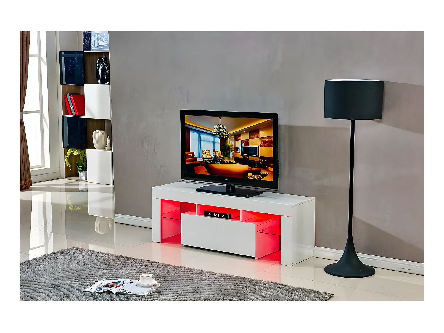 TV-meubel LED "Borda" wit hoogglans met LED-verlichting in 16 kleuren en opberglade