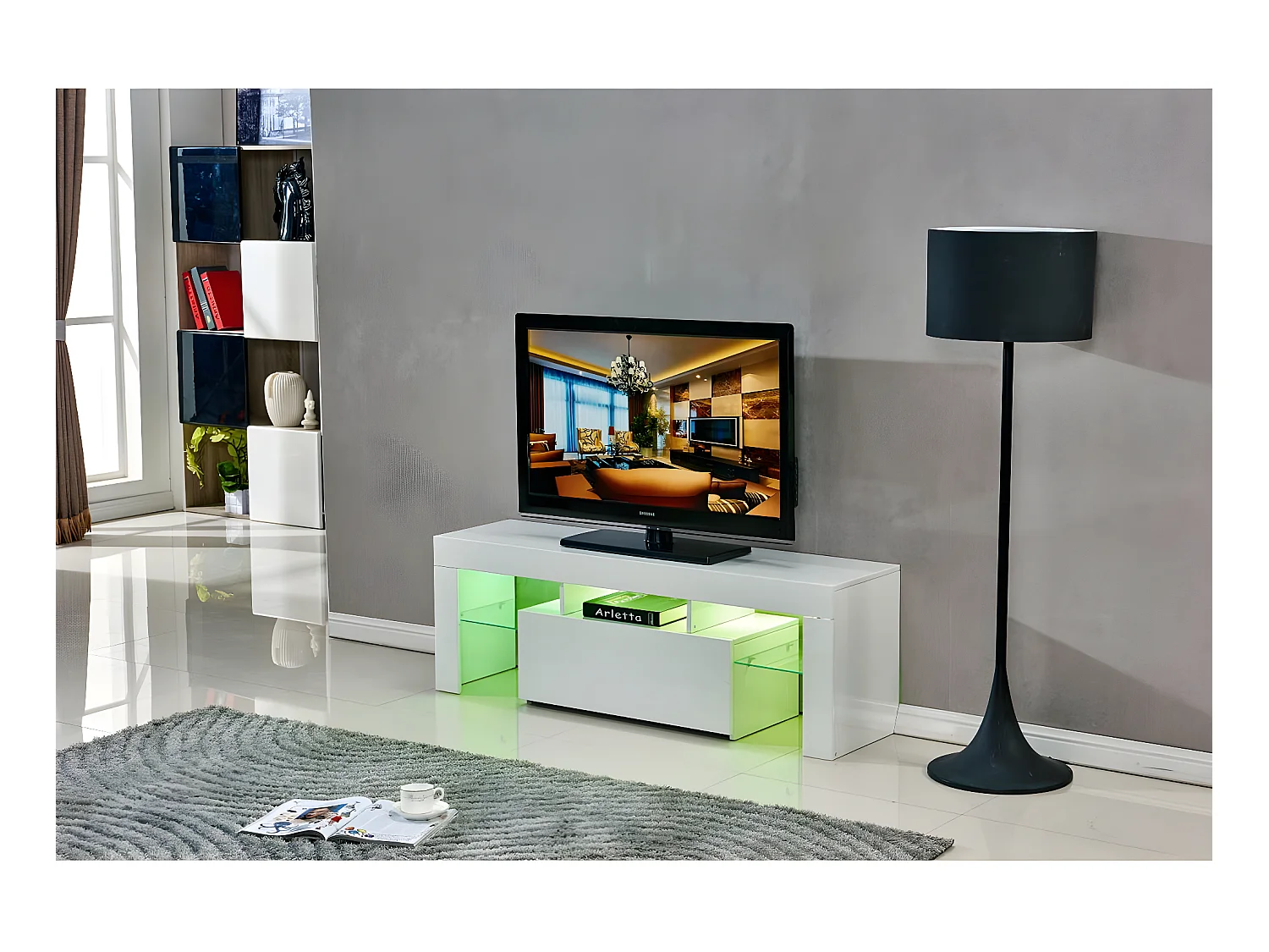 TV-meubel LED "Borda" wit hoogglans met LED-verlichting in 16 kleuren en opberglade