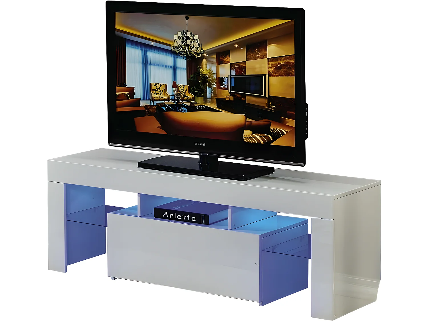 Meuble TV LED "Borda" - 130 x 34 x 45 cm - Blanc laqué