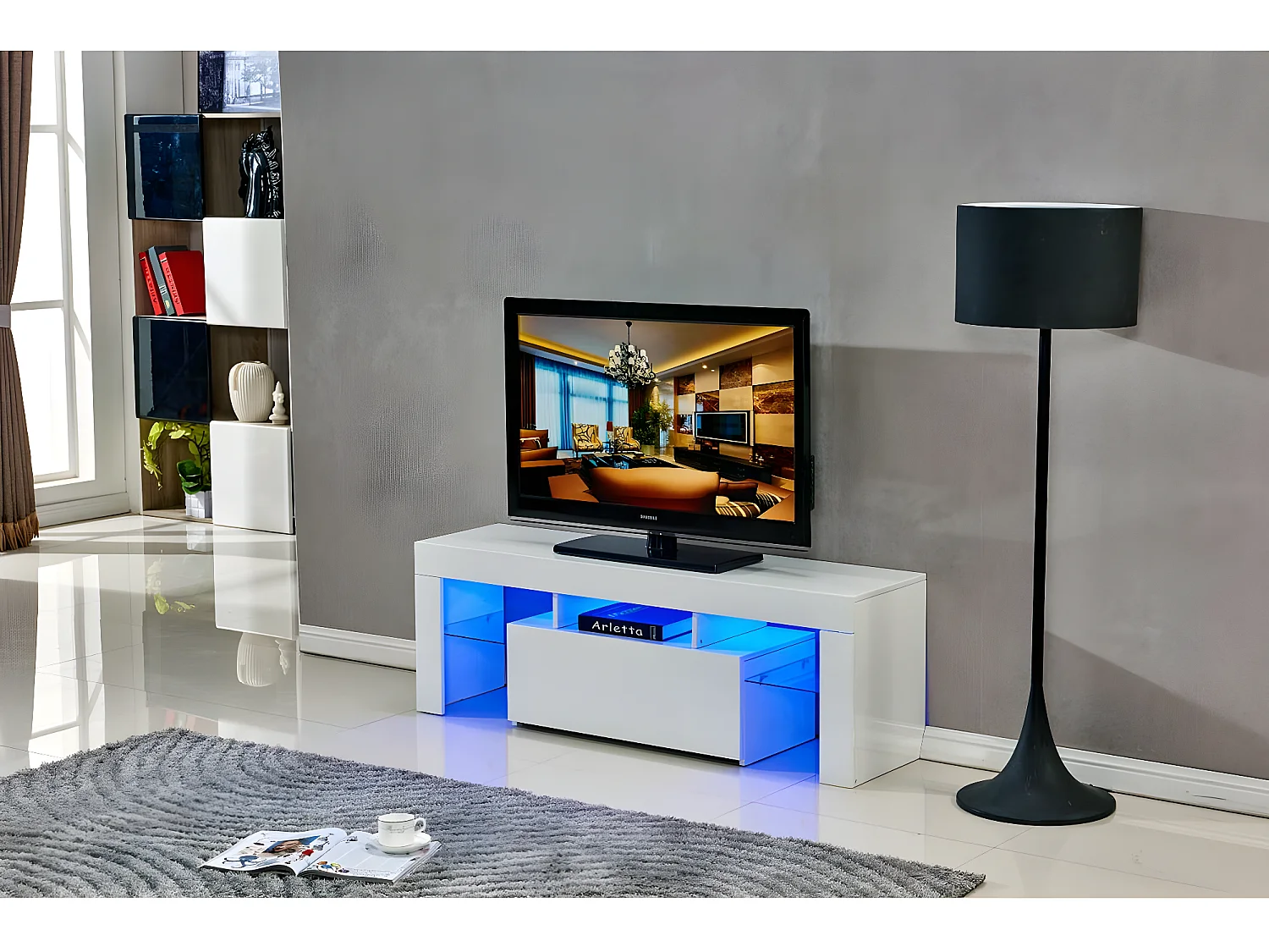 Meuble TV LED "Borda" - 130 x 34 x 45 cm - Blanc laqué