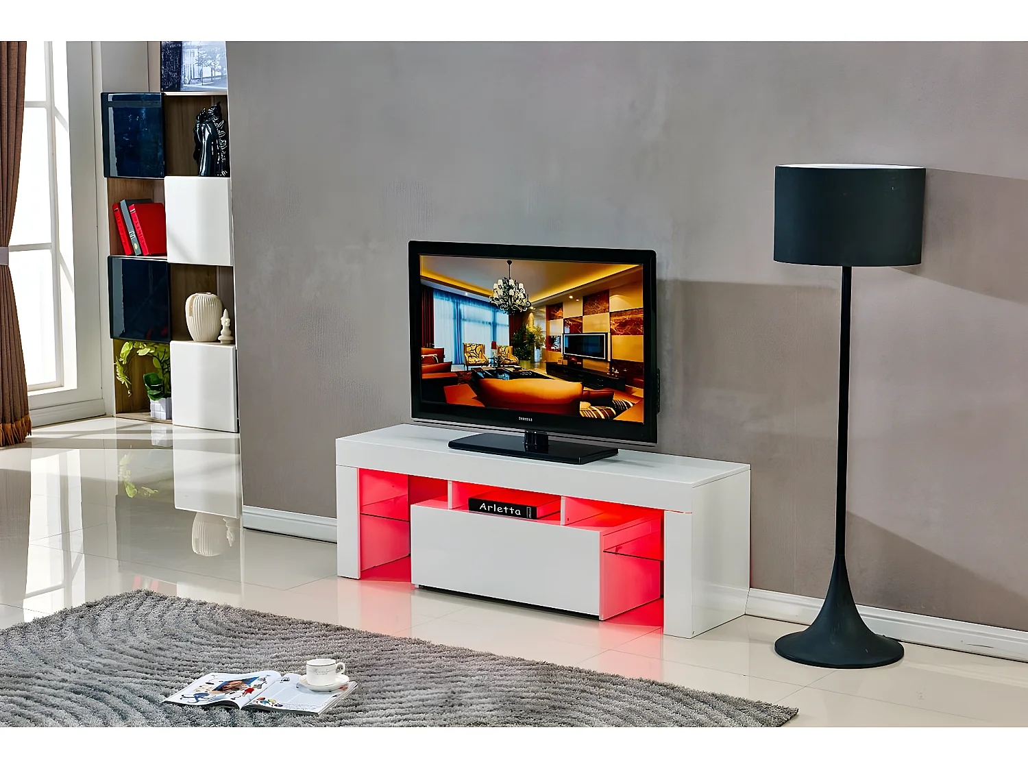 Meuble TV LED "Borda" - 130 x 34 x 45 cm - Blanc laqué