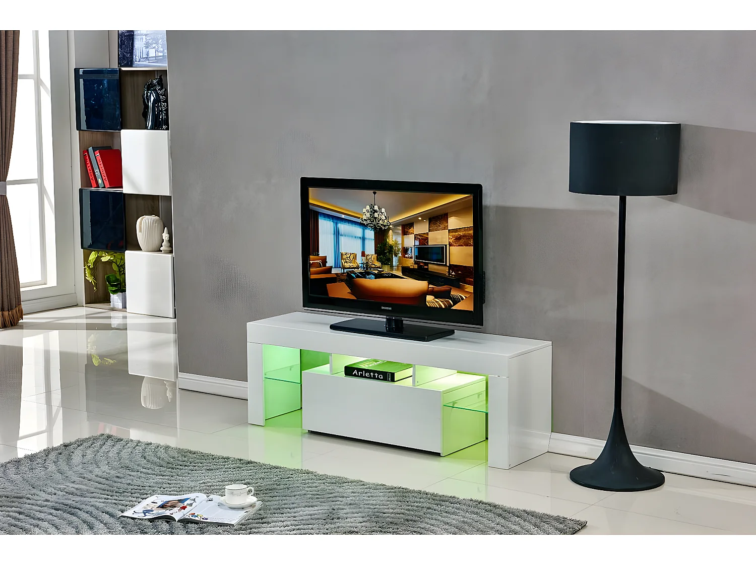 Meuble TV LED "Borda" - 130 x 34 x 45 cm - Blanc laqué