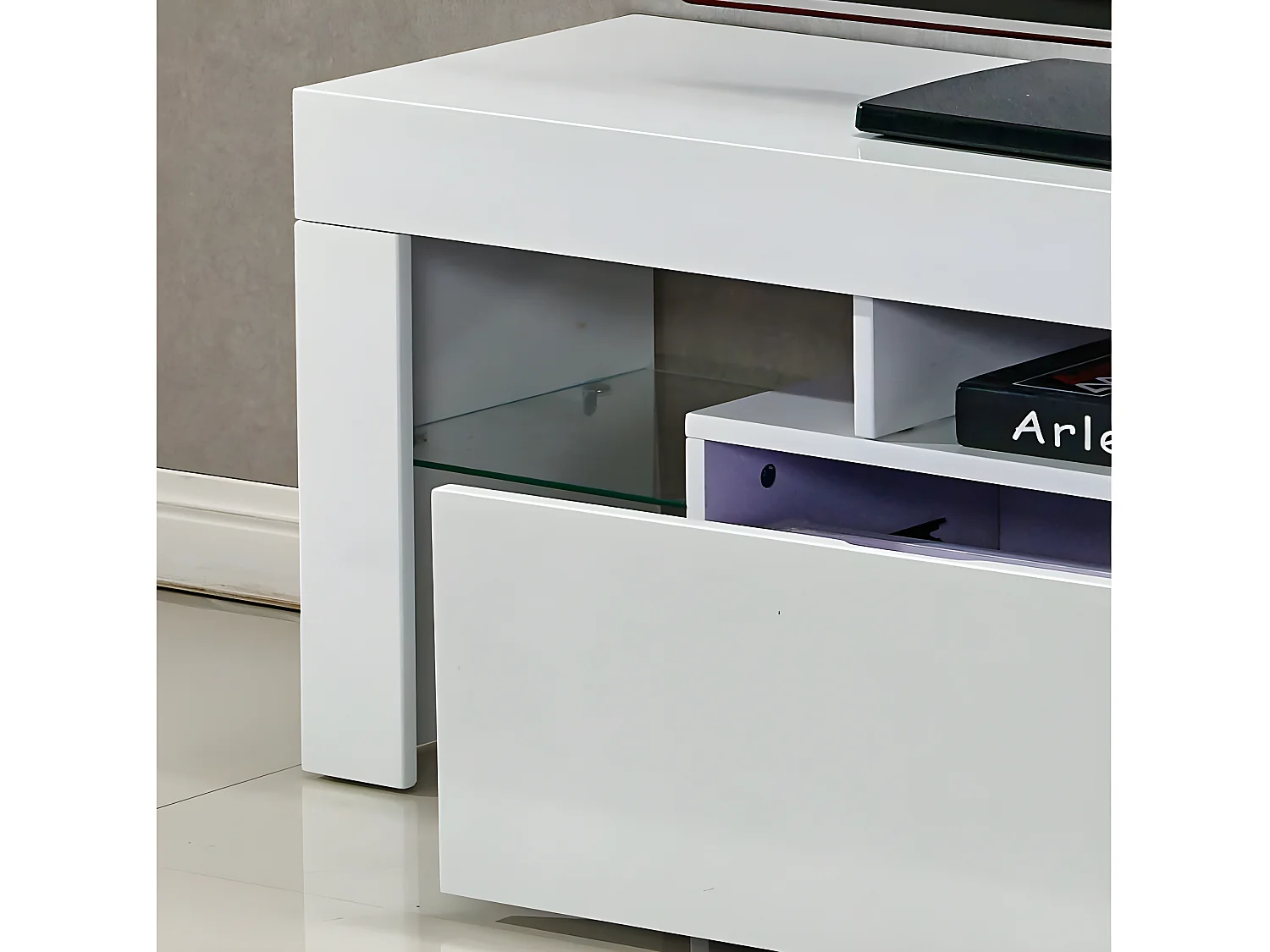 Meuble TV LED "Borda" - 130 x 34 x 45 cm - Blanc laqué