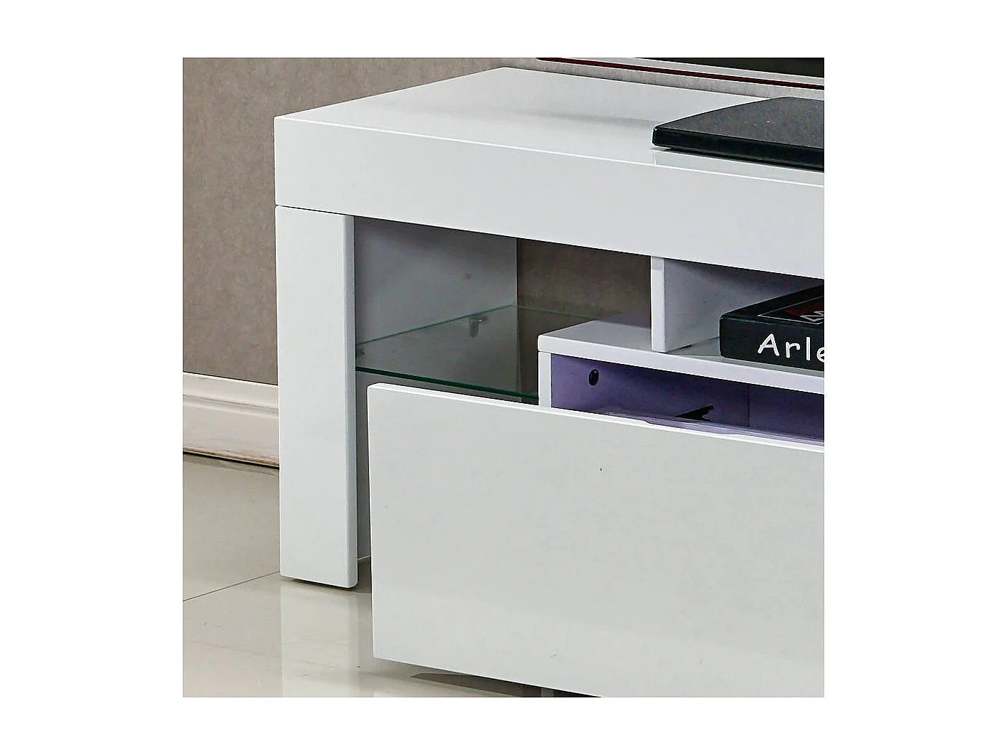 Meuble TV LED "Borda" - 130 x 34 x 45 cm - Blanc laqué