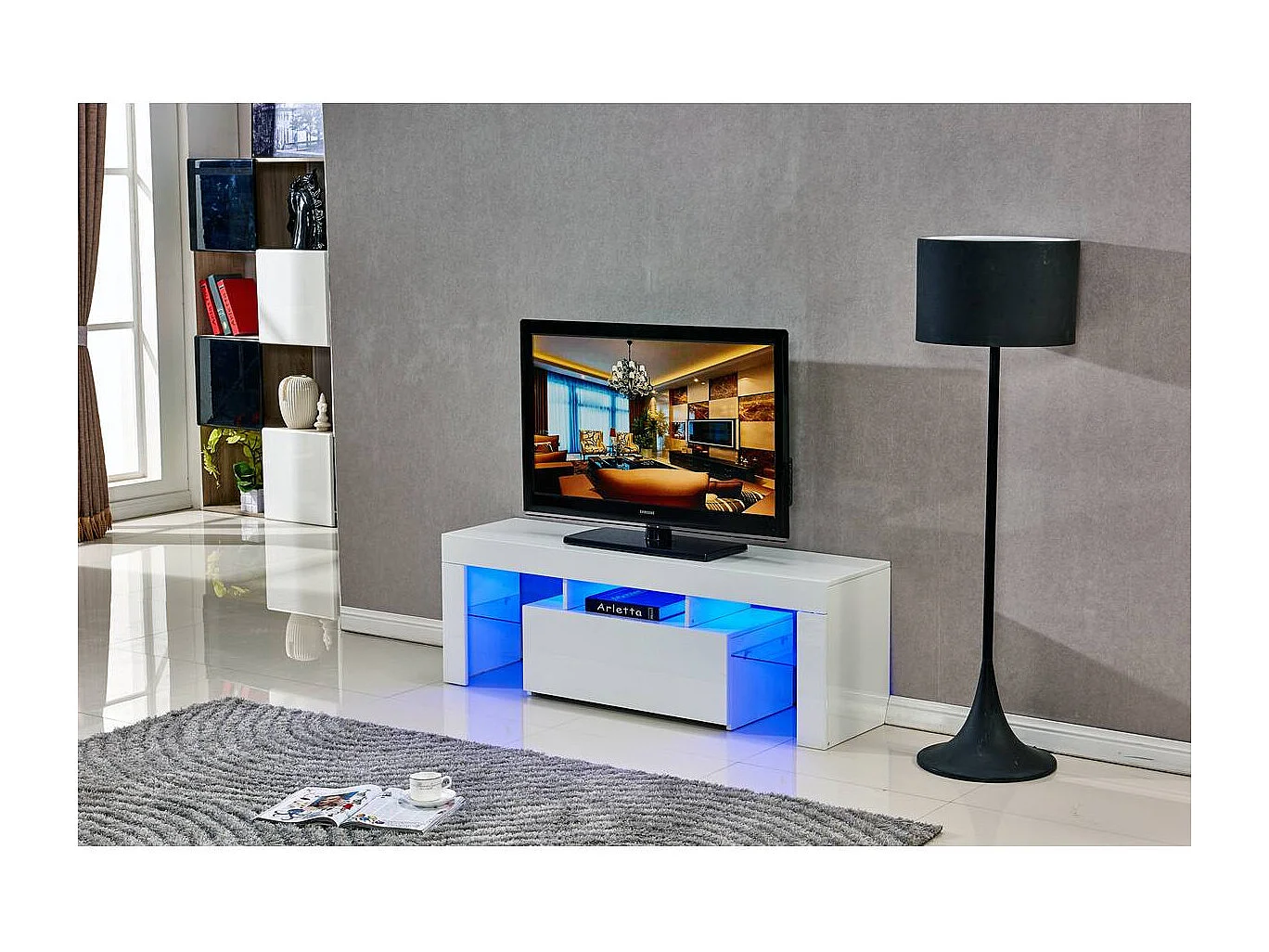 Mobile TV Led BORDA - 130 x 34 x 45 cm - Bianco laccato