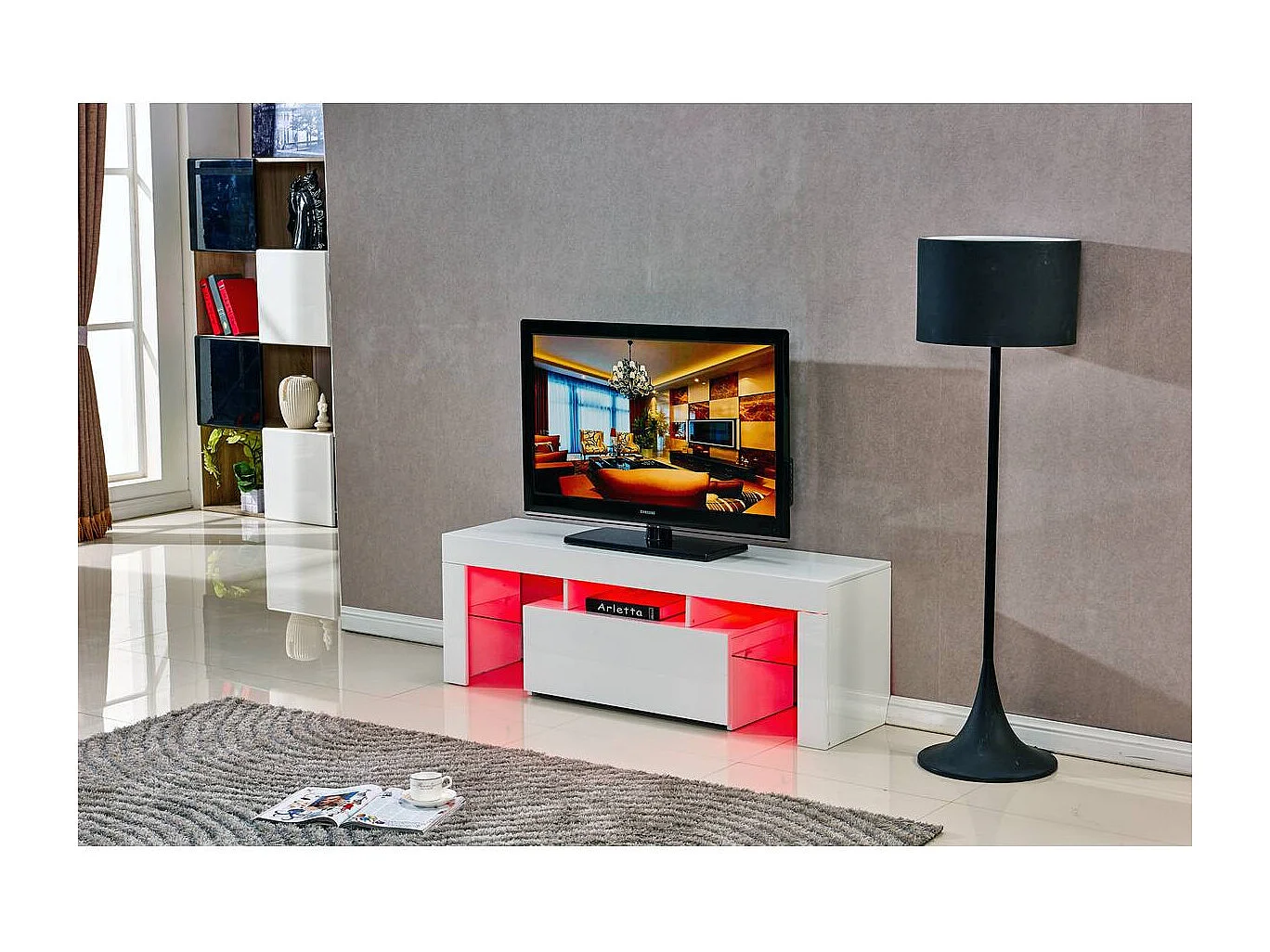 Mobile TV Led BORDA - 130 x 34 x 45 cm - Bianco laccato