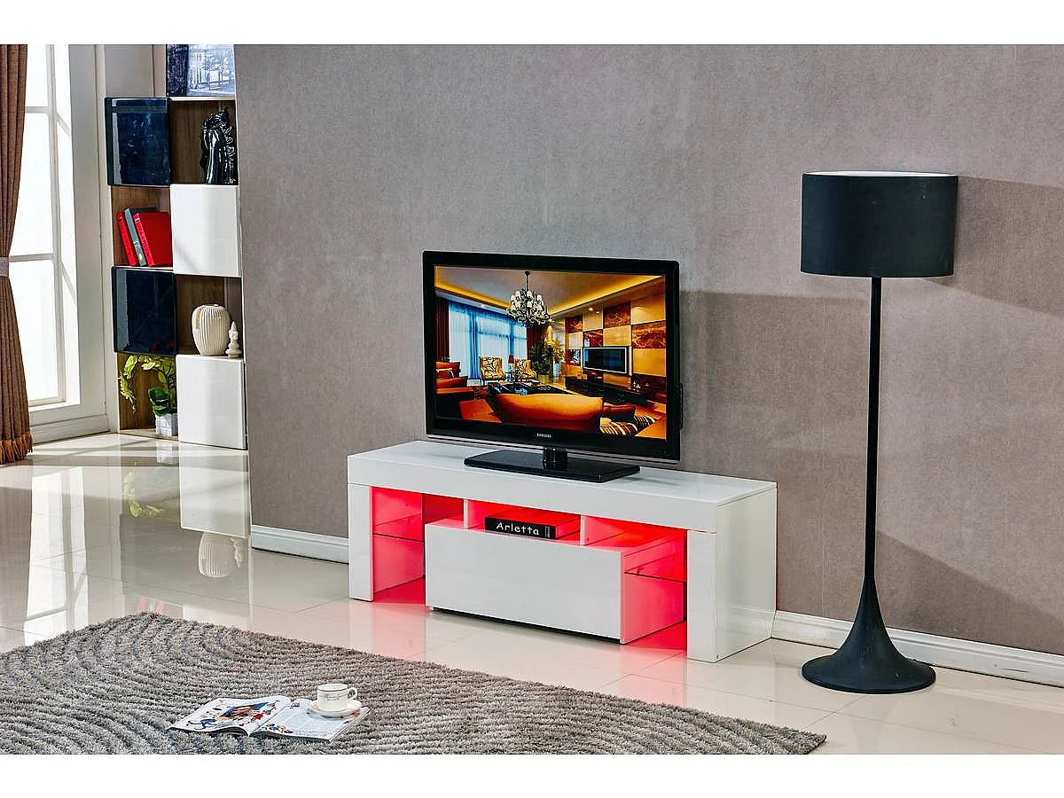 Meuble TV LED "Borda" - 130 x 34 x 45 cm - Blanc laqué