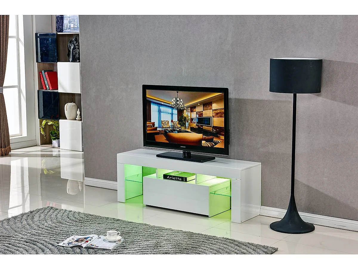 Meuble TV LED "Borda" - 130 x 34 x 45 cm - Blanc laqué