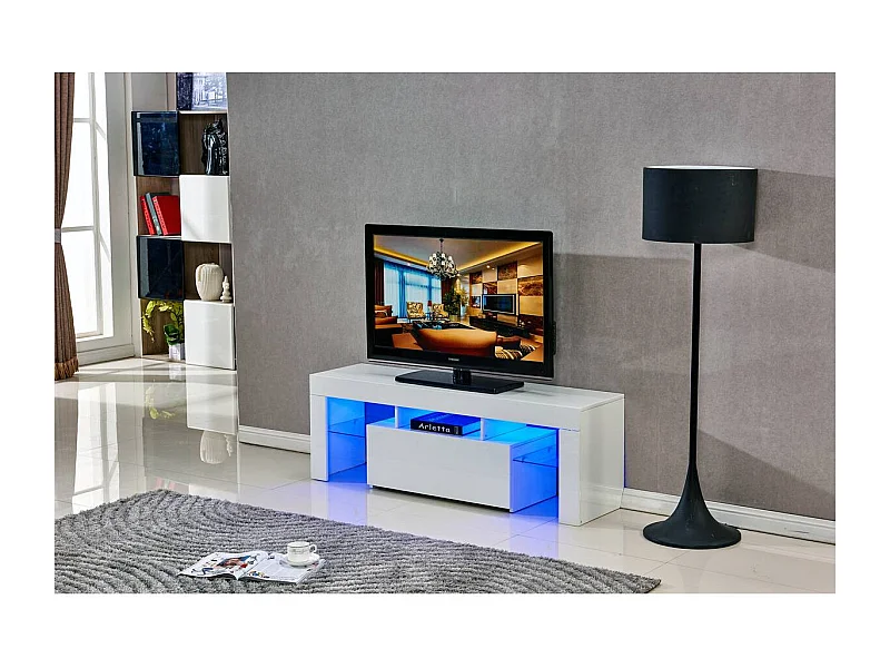 Meuble TV LED "Borda" - 130 x 34 x 45 cm - Blanc laqué