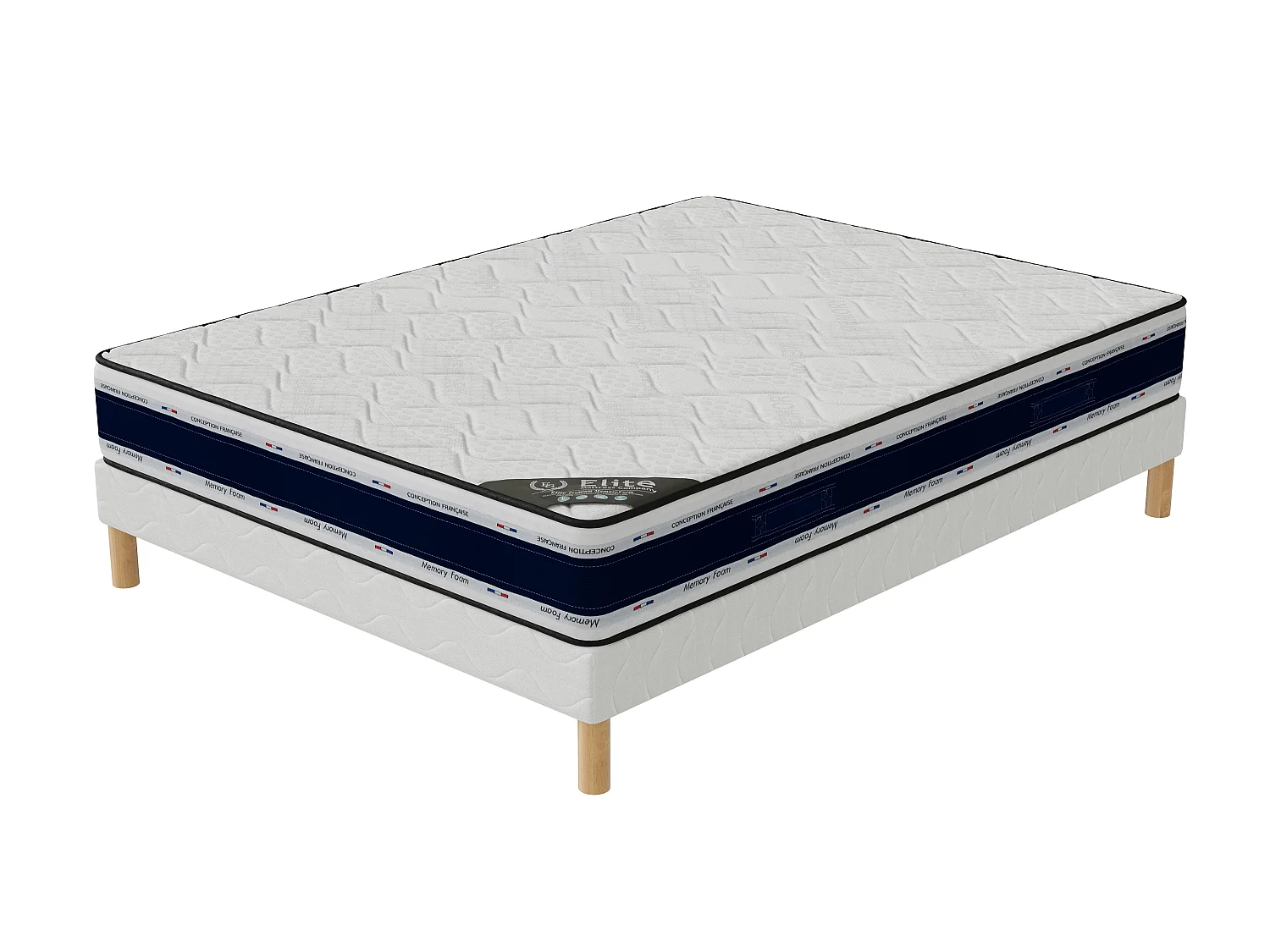Ensemble Blue Memory 140x190 cm Hauteur 22 cm Mousse à Mémoire de Forme avec Sommier Tapissier pin massif Soutien équilibré