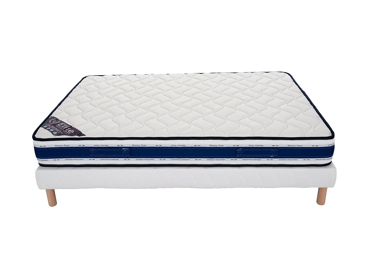 Ensemble Blue Memory 140x190 cm Hauteur 22 cm Mousse à Mémoire de Forme avec Sommier Tapissier pin massif Soutien équilibré