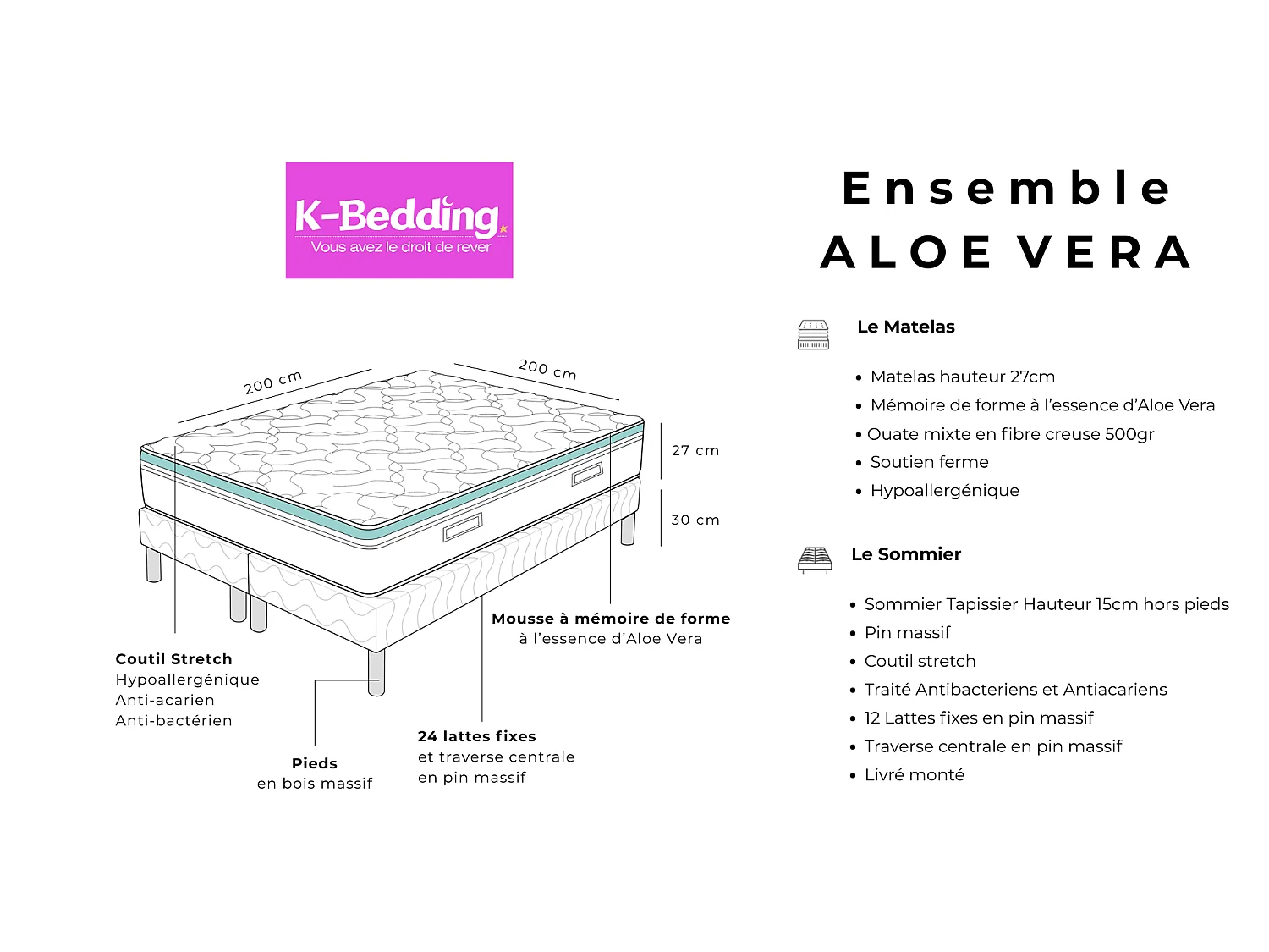 Ensemble Aloe Vera 200x200 cm Hauteur 27 cm Mousse à Mémoire de Forme Sommier Tapissier 2 Blocs Soutien mi-ferme