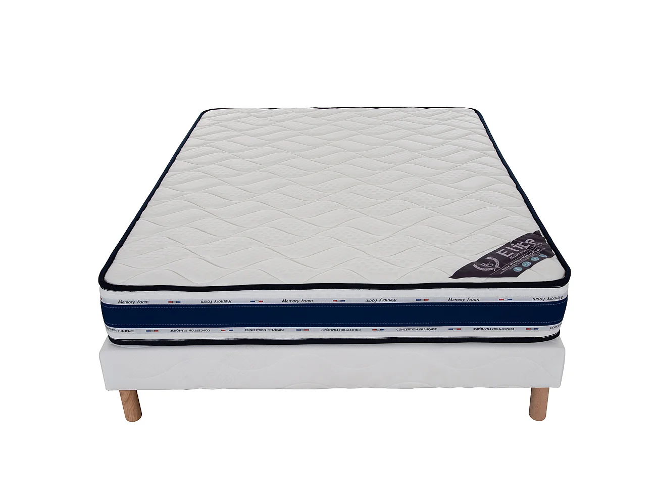 Ensemble Blue Memory 160x200 cm Hauteur 22 cm Mousse à Mémoire de Forme avec Sommier Tapissier pin massif Soutien équilibré