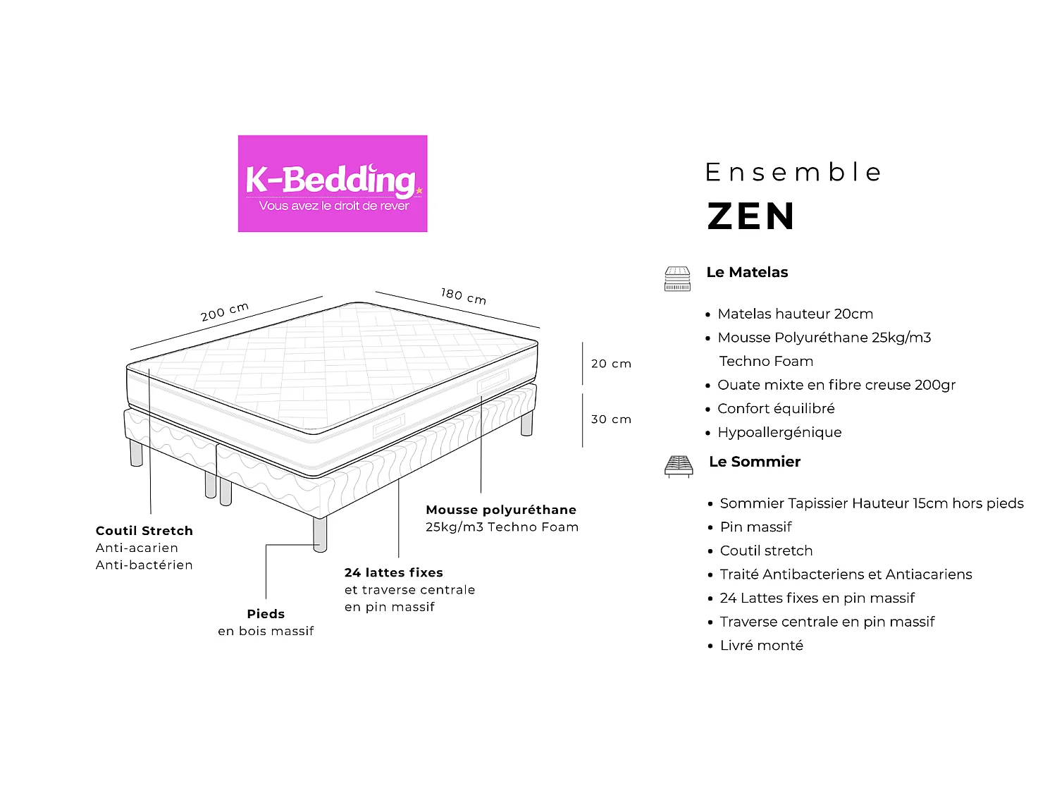 Ensemble Zen 180x200 cm Mousse Polyuréthane Techno Foam avec Sommier Tapissier 2 Blocs pin massif Soutien équilibré