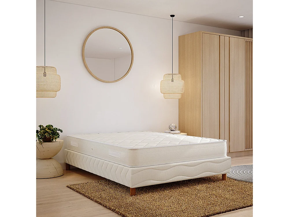 Ensemble ZEN 160x200 cm Sommier Tapissier + Matelas Mousse Haute Densité Hypoallergénique Hauteur 20 cm