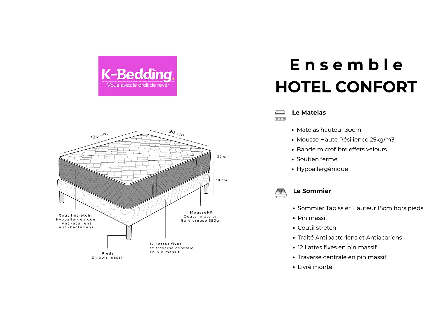 Ensemble Hotel Confort 90x190 cm Hauteur 30 cm Mousse haute résilience avec Sommier Tapissier pin massif Soutien ferme