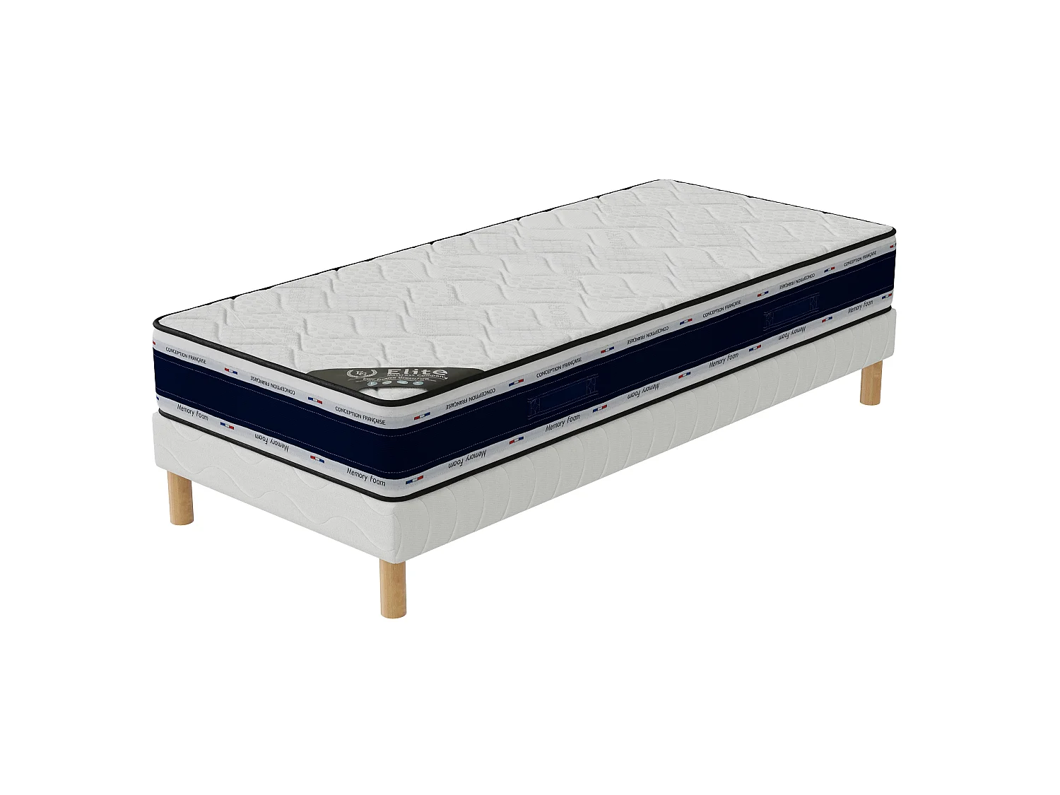 Ensemble Blue Memory 90x190 cm Hauteur 22 cm Mousse à Mémoire de Forme avec Sommier Tapissier pin massif Soutien équilibré