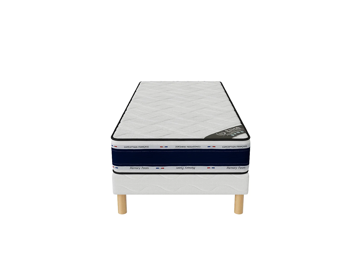 Ensemble Blue Memory 90x190 cm Hauteur 22 cm Mousse à Mémoire de Forme avec Sommier Tapissier pin massif Soutien équilibré