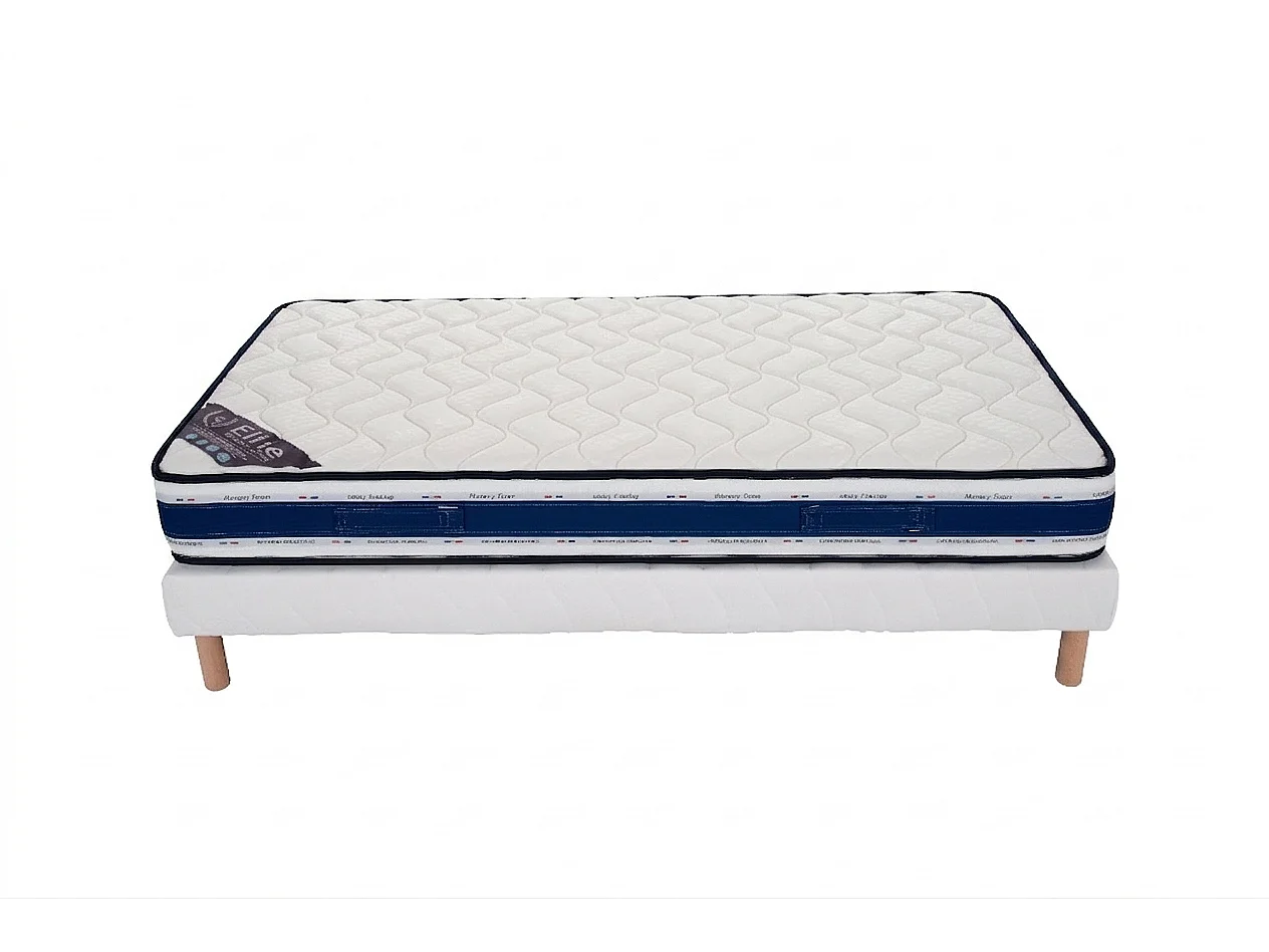 Ensemble Blue Memory 90x190 cm Hauteur 22 cm Mousse à Mémoire de Forme avec Sommier Tapissier pin massif Soutien équilibré