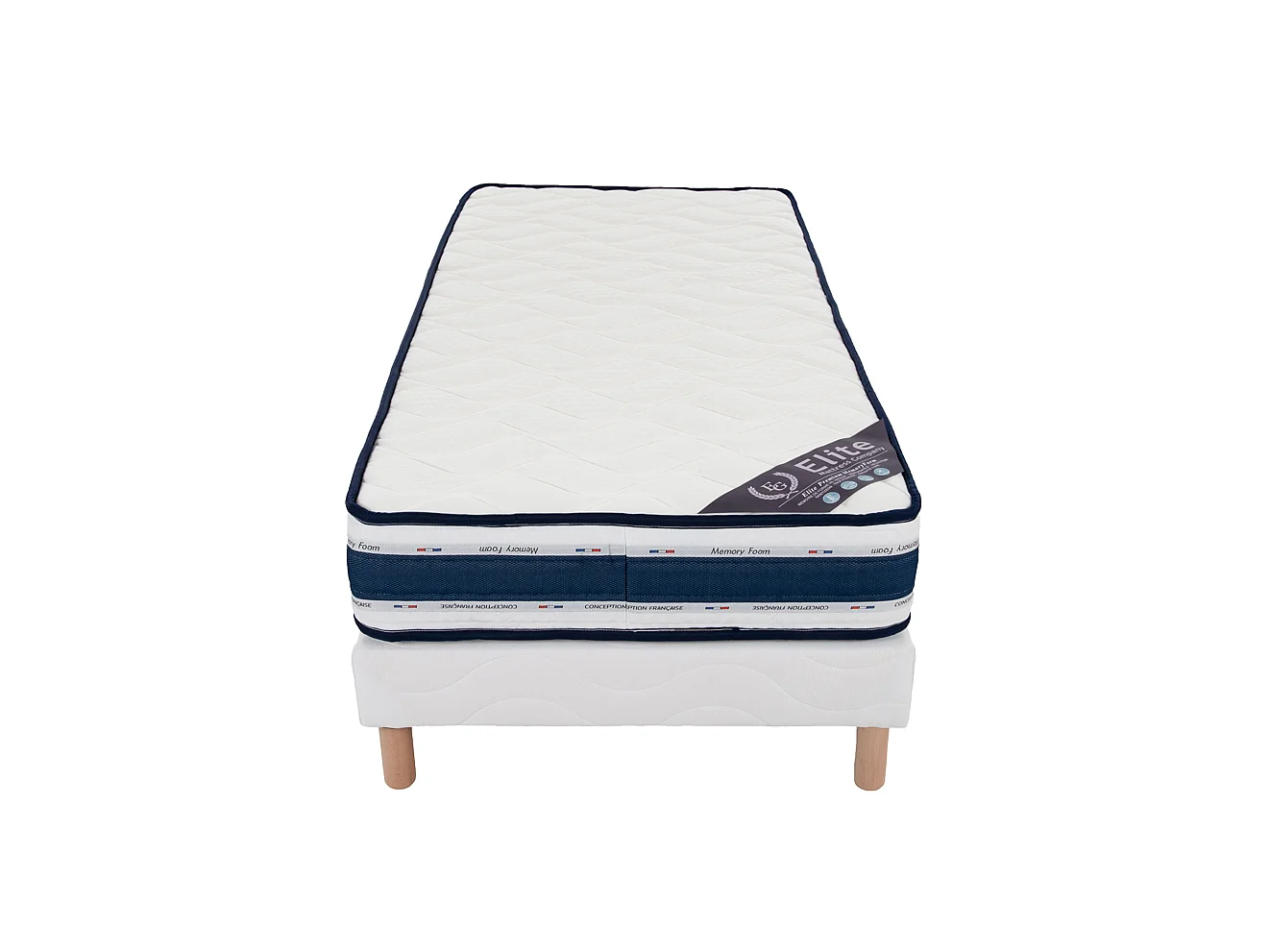 Ensemble Blue Memory 90x190 cm Hauteur 22 cm Mousse à Mémoire de Forme avec Sommier Tapissier pin massif Soutien équilibré