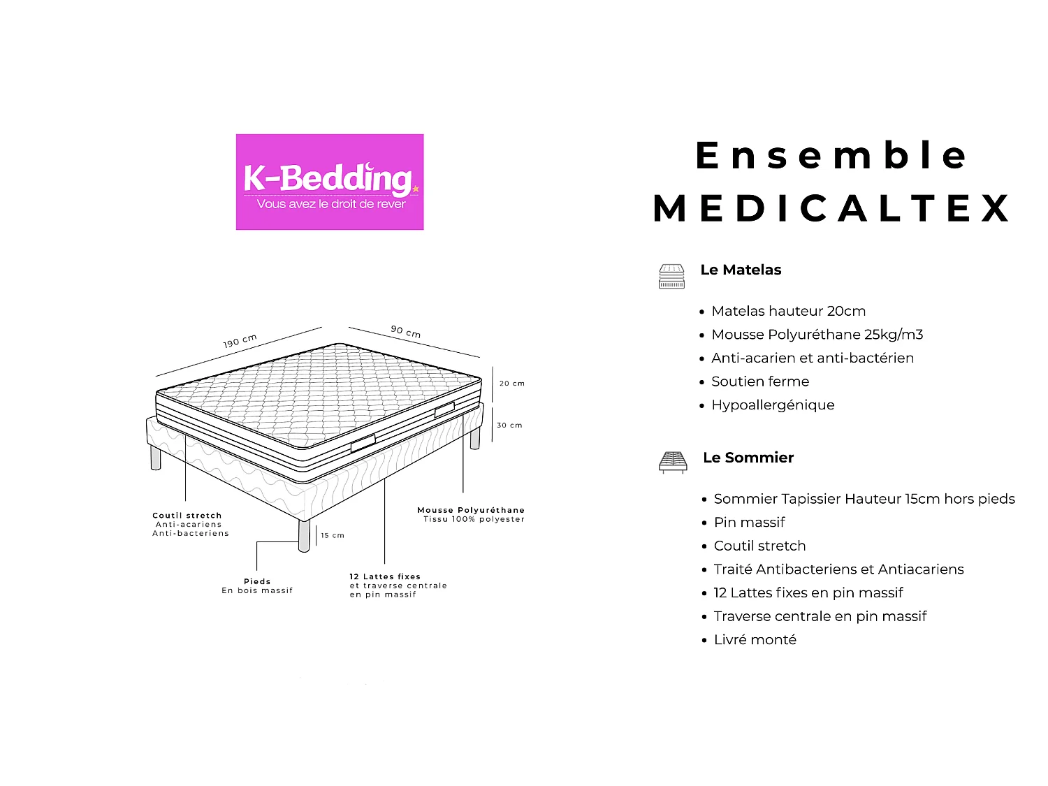 Ensemble Medicaltex 90x190 cm Hauteur 22 cm Mousse Polyuréthane avec Sommier Tapissier Pin Massif Soutien ferme