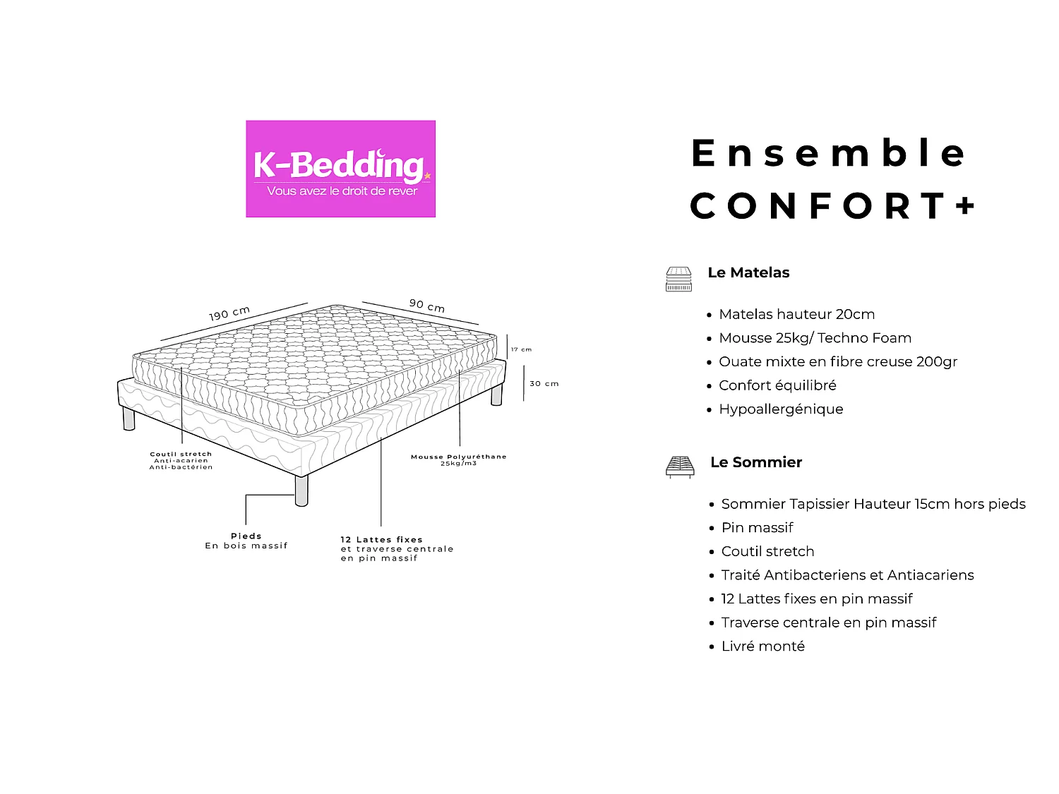 Ensemble Confort+ 90x190 cm Hauteur 17 cm Mousse Polyuréthane Hypoallergénique avec Sommier Tapissier Soutien équilibré
