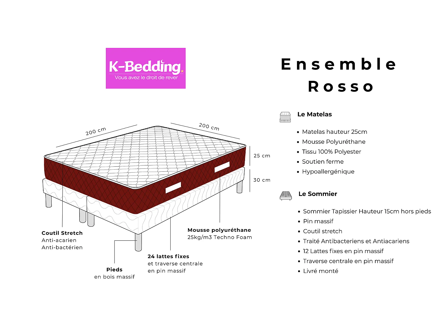 Ensemble Rosso 200x200 cm Hauteur 25 cm Mousse Polyuréthane Technologie 3D avec Sommier Tapissier 2 Blocs Soutien ferme